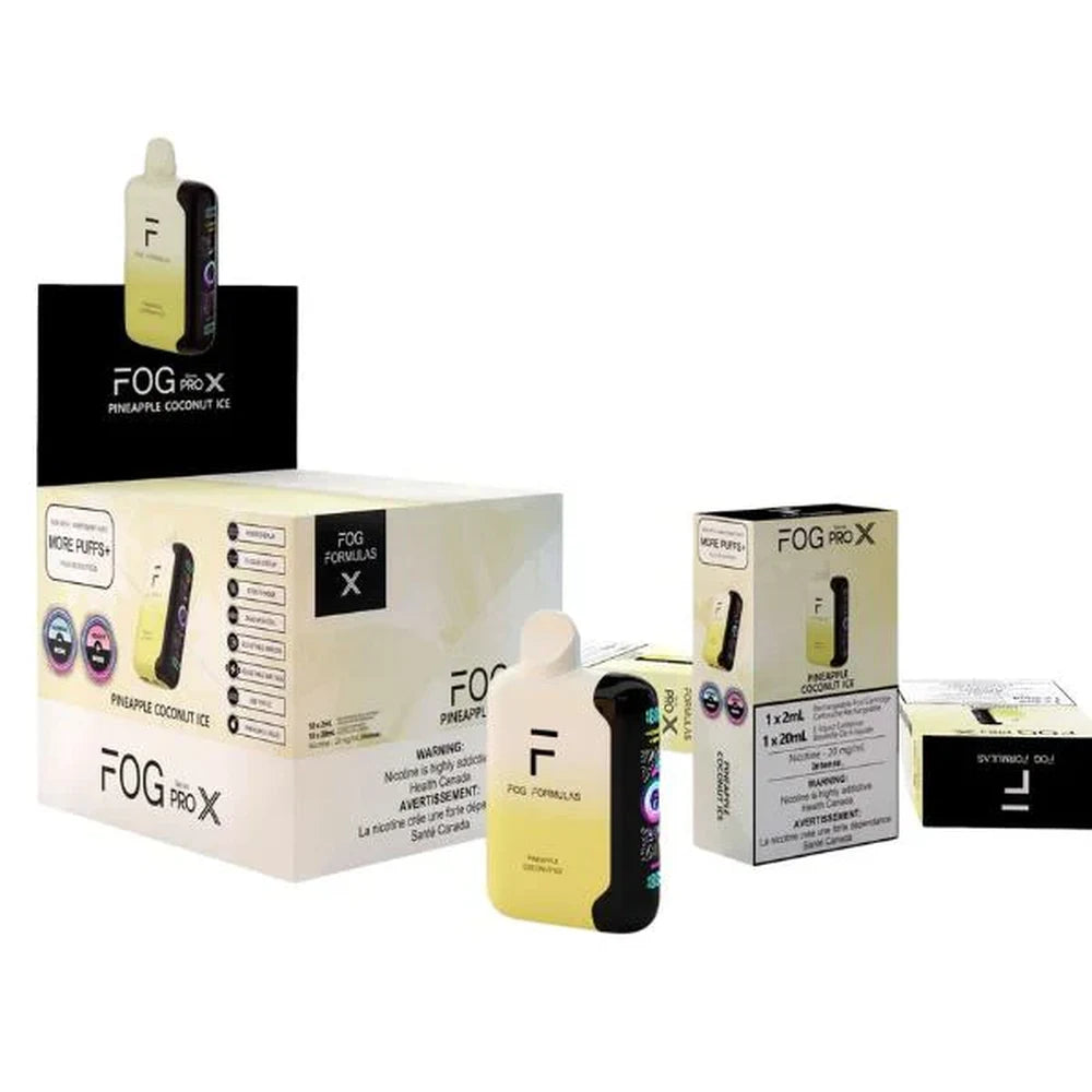 Fog Formulas Series Pro X Pineapple Coconut Ice disposable vape shown with its yellow and black device, individual retail box, and larger display carton.