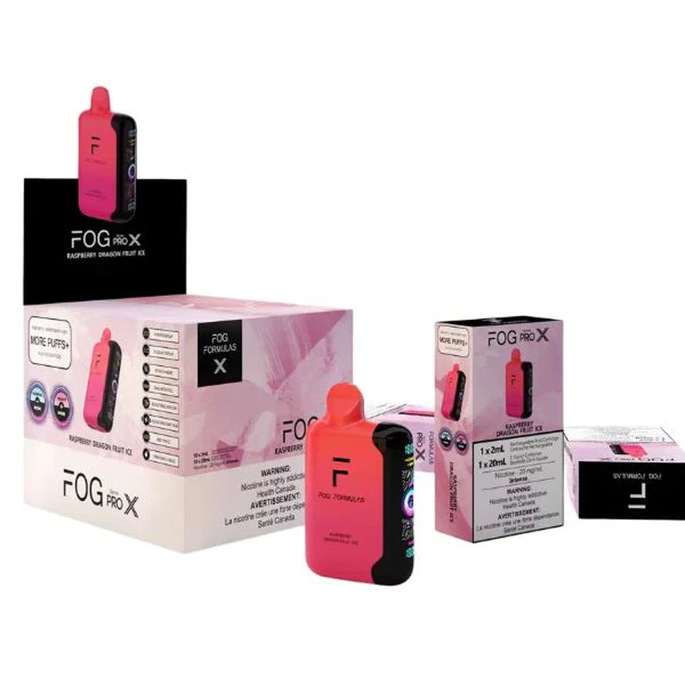 Fog Formulas Series Pro X Raspberry Dragon Fruit Ice disposable vape shown with its pink and black gradient device, individual packaging, and bulk display box against a white background.