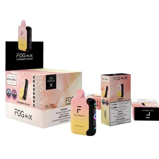 Fog Formulas Series Pro X Strawberry Banana disposable vape featuring a pink and yellow gradient device alongside its retail display box and individual packaging.