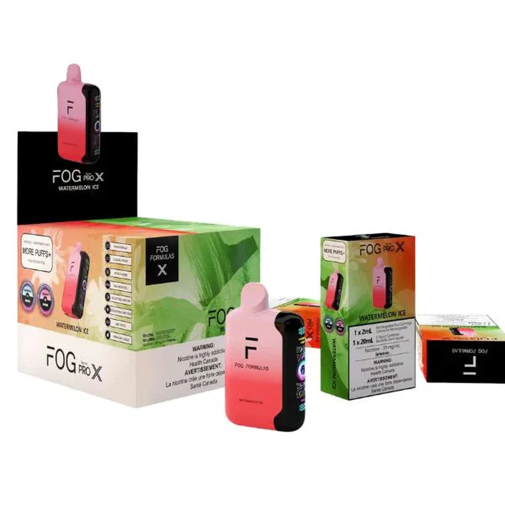 Fog Formulas Series Pro X Watermelon Ice disposable vape devices and their green and orange packaging boxes featuring the Fog Formulas X logo.