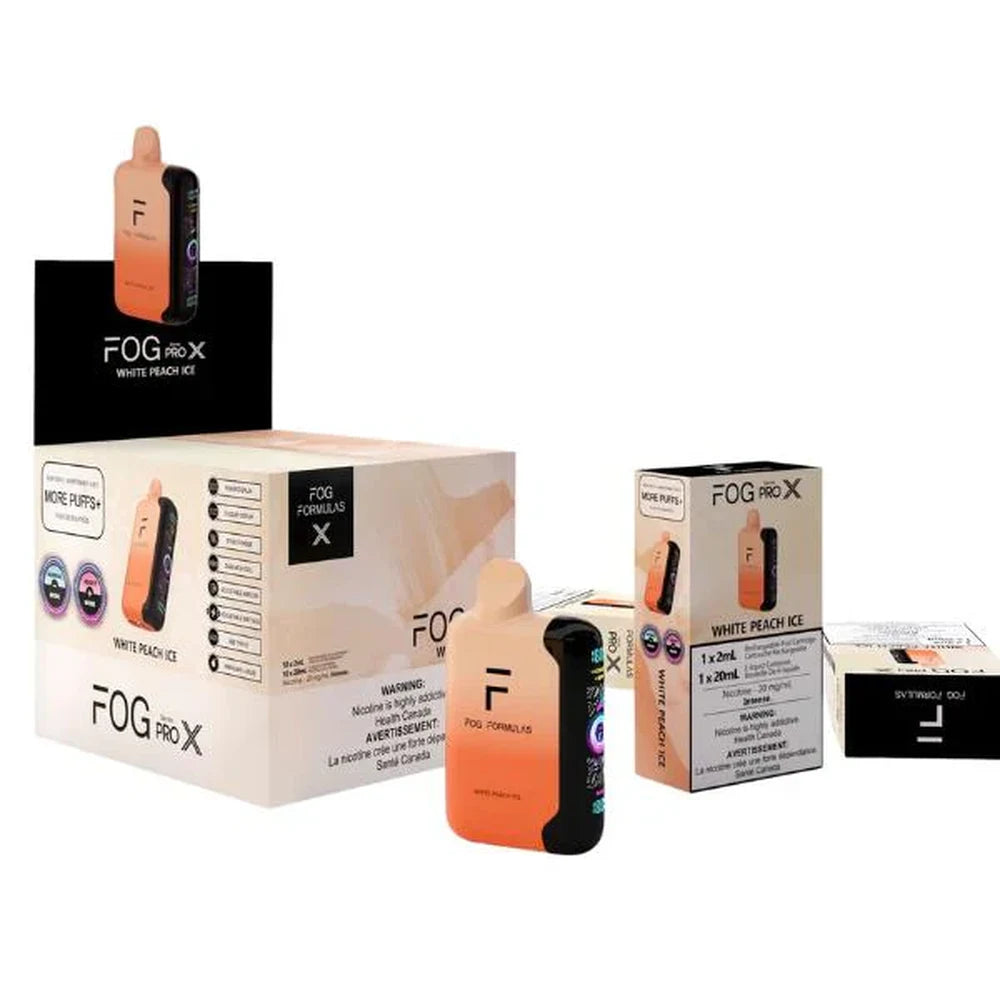 Fog Formulas Series Pro X White Peach Ice disposable vape device with its retail display box and individual packaging featuring a peach-to-black gradient design.