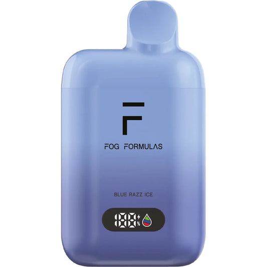 A light blue Fog Formulas 15000 X Blue Razz Ice disposable vape featuring a digital display screen and a matte finish.
