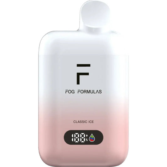 A Fog Formulas 15000 X Classic Ice disposable vape featuring a white and pink gradient body with a digital display screen and the Fog Formulas logo.