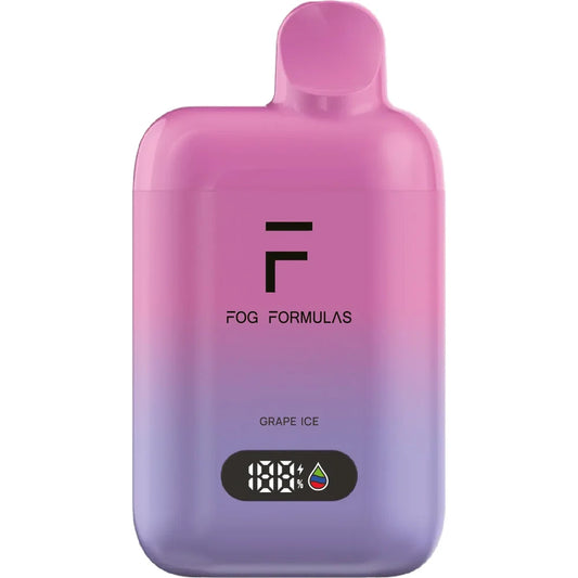 A Fog Formulas 15000 X Grape Ice disposable vape featuring a pink and purple gradient body with a digital display screen and the Fog Formulas logo.