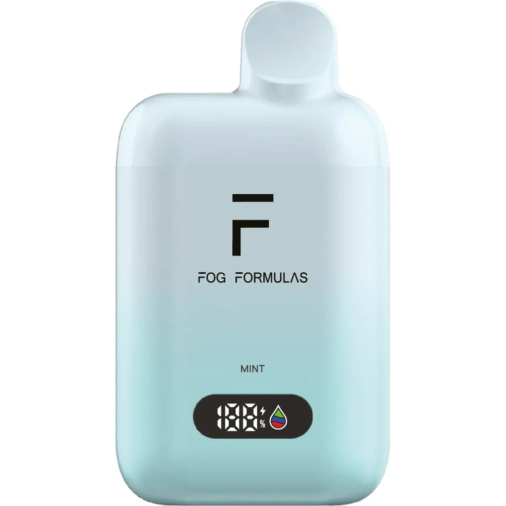 A light blue Fog Formulas 15000 X Mint disposable vape featuring a digital display screen and the Fog Formulas logo.