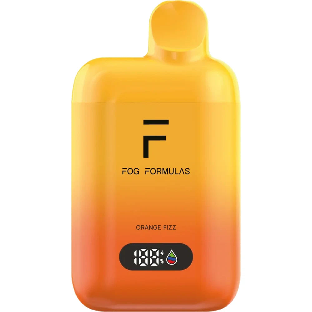 A Fog Formulas 15000 X Orange Fizz disposable vape featuring a yellow and orange gradient body with a digital display screen and black Fog Formulas branding.