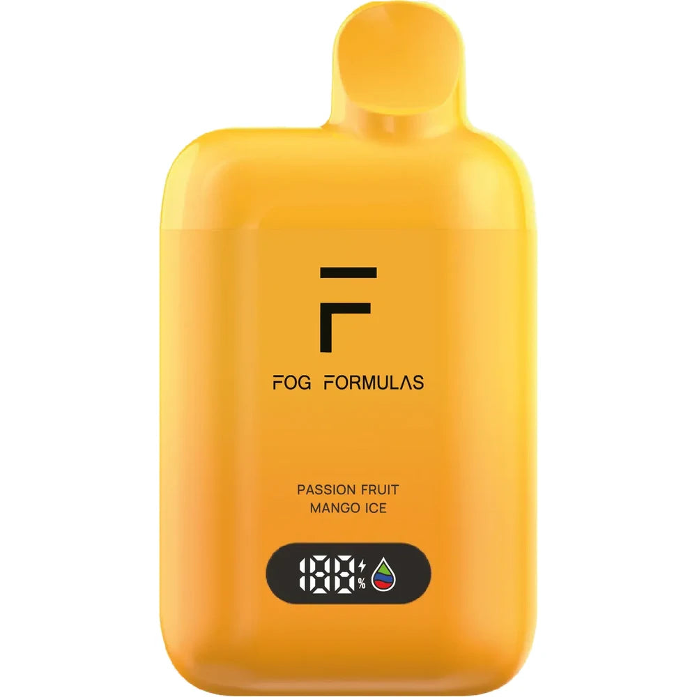 A bright yellow Fog Formulas 15000 X Passion Fruit Mango Ice disposable vape featuring a digital display screen and black branding text on a smooth matte finish.