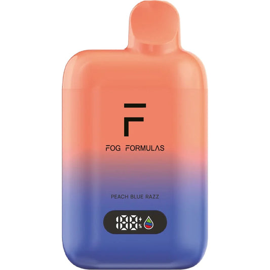 Fog Formulas 15000 X Peach Blue Razz disposable vape featuring an orange and blue gradient finish with a digital battery and e-liquid display.