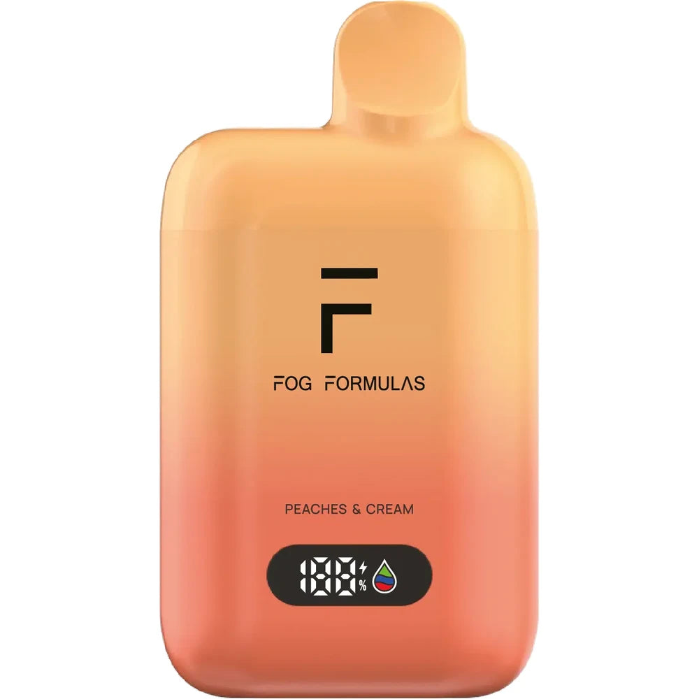 Fog Formulas 15000 X Peaches & Cream disposable vape featuring an orange and peach gradient matte finish, a digital display screen at the bottom, and the Fog Formulas logo and flavor name printed on the front.