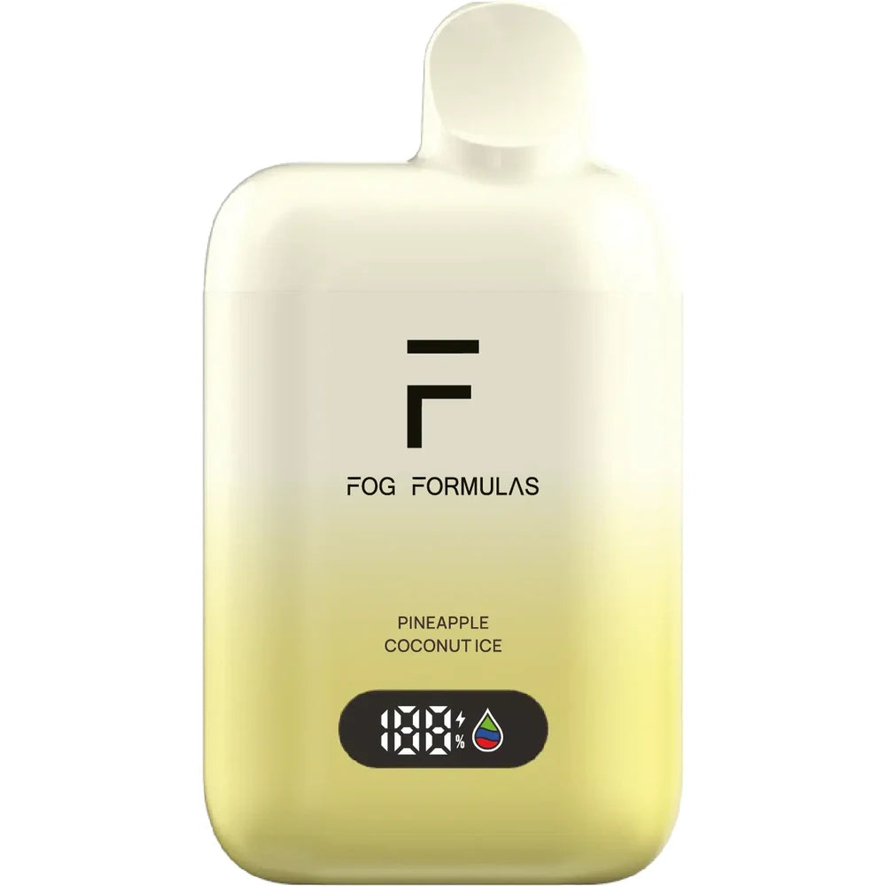 A Fog Formulas 15000 X Pineapple Coconut Ice disposable vape featuring a white and yellow gradient body with a digital display screen and black branding text.