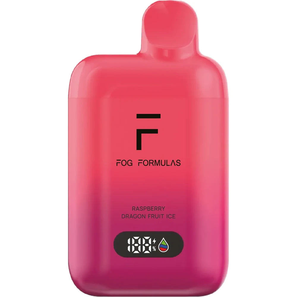 A pink and magenta gradient Fog Formulas 15000 X Raspberry Dragon Fruit Ice disposable vape featuring a digital display screen and a rounded mouthpiece.