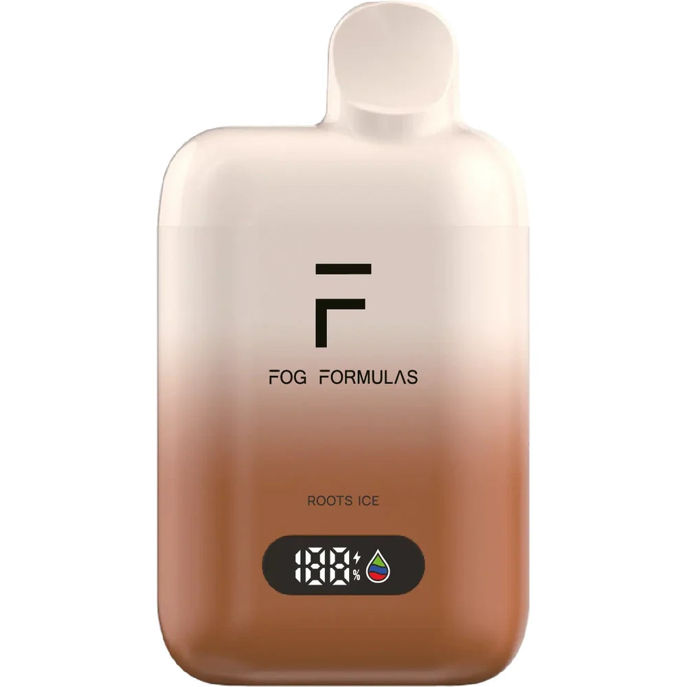 A Fog Formulas 15000 X Roots Ice disposable vape featuring a cream and brown gradient finish with a digital display screen and printed branding.