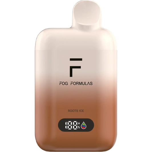 A Fog Formulas 15000 X Roots Ice disposable vape featuring a cream and brown gradient finish with a digital display screen and printed branding.