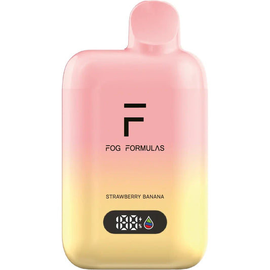 Fog Formulas 15000 X Strawberry Banana disposable vape featuring a pink and yellow gradient body with a digital display screen and black Fog Formulas branding.