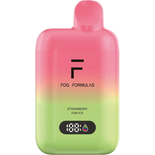 Fog Formulas 15000 X Strawberry Kiwi Ice disposable vape featuring a pink and green gradient body with a digital display screen and printed Fog Formulas logo.