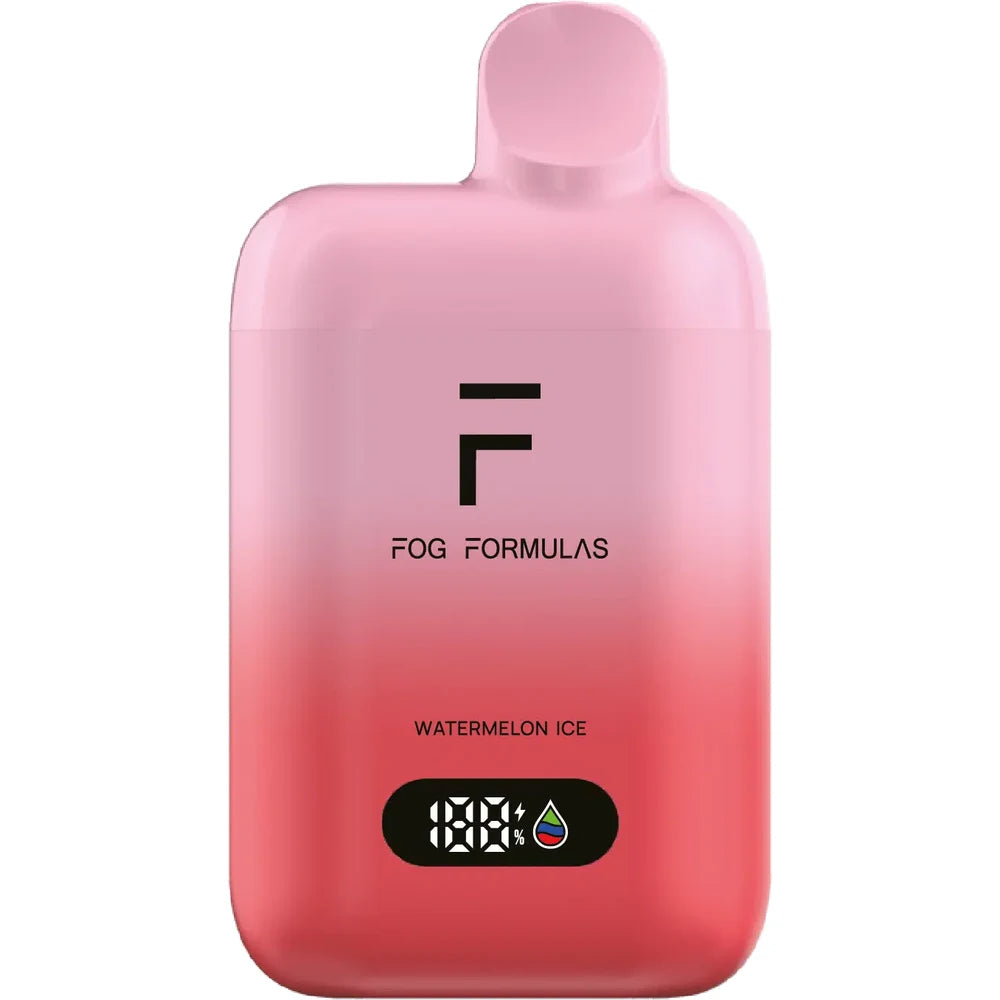 A Fog Formulas 15000 X Watermelon Ice disposable vape featuring a pink and red gradient body with a digital display screen and black Fog Formulas branding.
