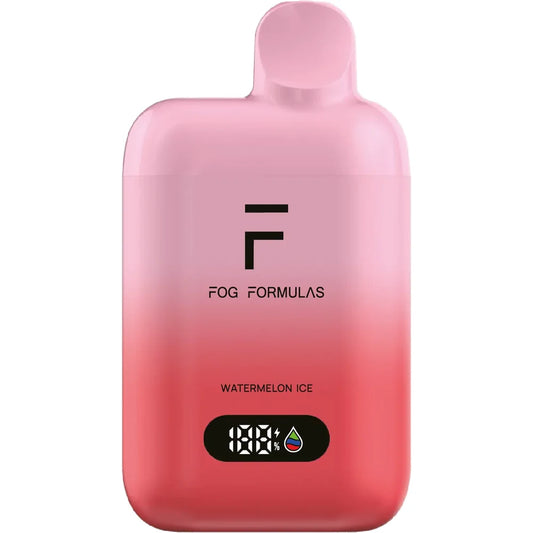 A Fog Formulas 15000 X Watermelon Ice disposable vape featuring a pink and red gradient body with a digital display screen and black Fog Formulas branding.