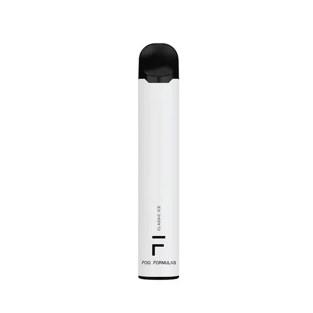 A white Fog Formulas 1600 Classic Ice disposable vape with a black mouthpiece and base, featuring the Classic Ice flavor name and Fog Formulas logo printed on the lower half.