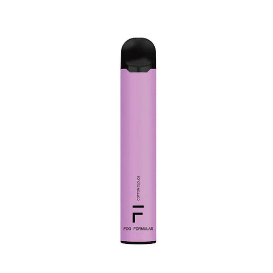 A light purple Fog Formulas 1600 Cotton Clouds disposable vape with a black mouthpiece and base, featuring the Fog Formulas logo and Cotton Clouds text on the side.