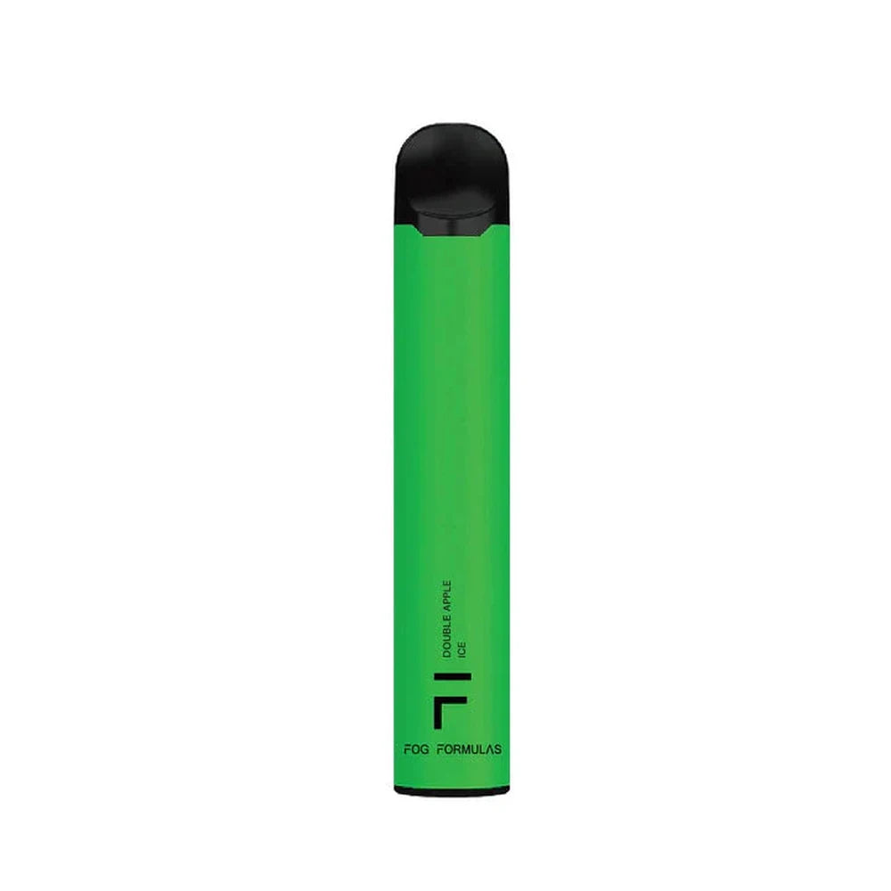 A lime green Fog Formulas 1600 Double Apple Ice disposable vape with a black mouthpiece and base, featuring the Fog Formulas logo and flavor name printed on the side against a white background.