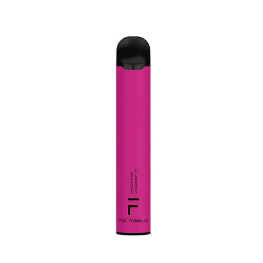 A pink Fog Formulas 1600 Dragon Fruit Strawberry Ice disposable vape with a black mouthpiece and base, featuring vertical text and a logo on a plain white background.