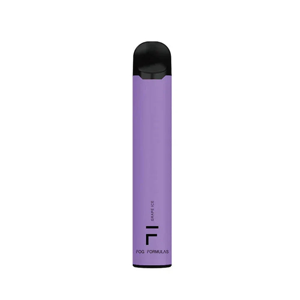 A purple Fog Formulas 1600 Grape Ice disposable vape pen with a black mouthpiece and base, featuring the Fog Formulas logo and Grape Ice text on a plain white background.