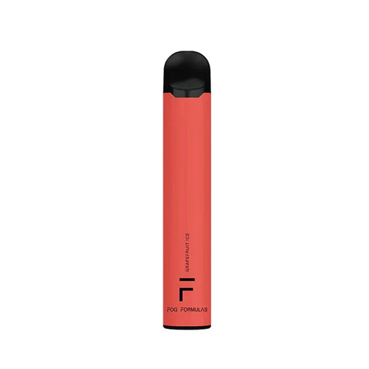 A Fog Formulas 1600 Grapefruit Ice disposable vape featuring a coral pink cylindrical body with a black mouthpiece and base, labeled with the flavor name and Fog Formulas branding against a white background.