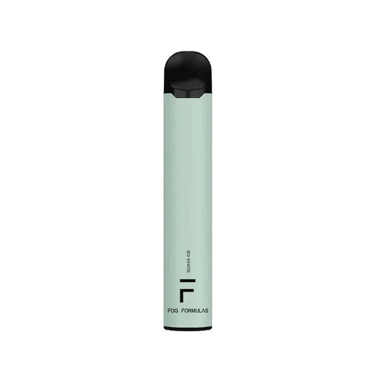 A light green Fog Formulas 1600 Guava Ice disposable vape with a black mouthpiece and base, featuring the Fog Formulas logo and Guava Ice text on the side.