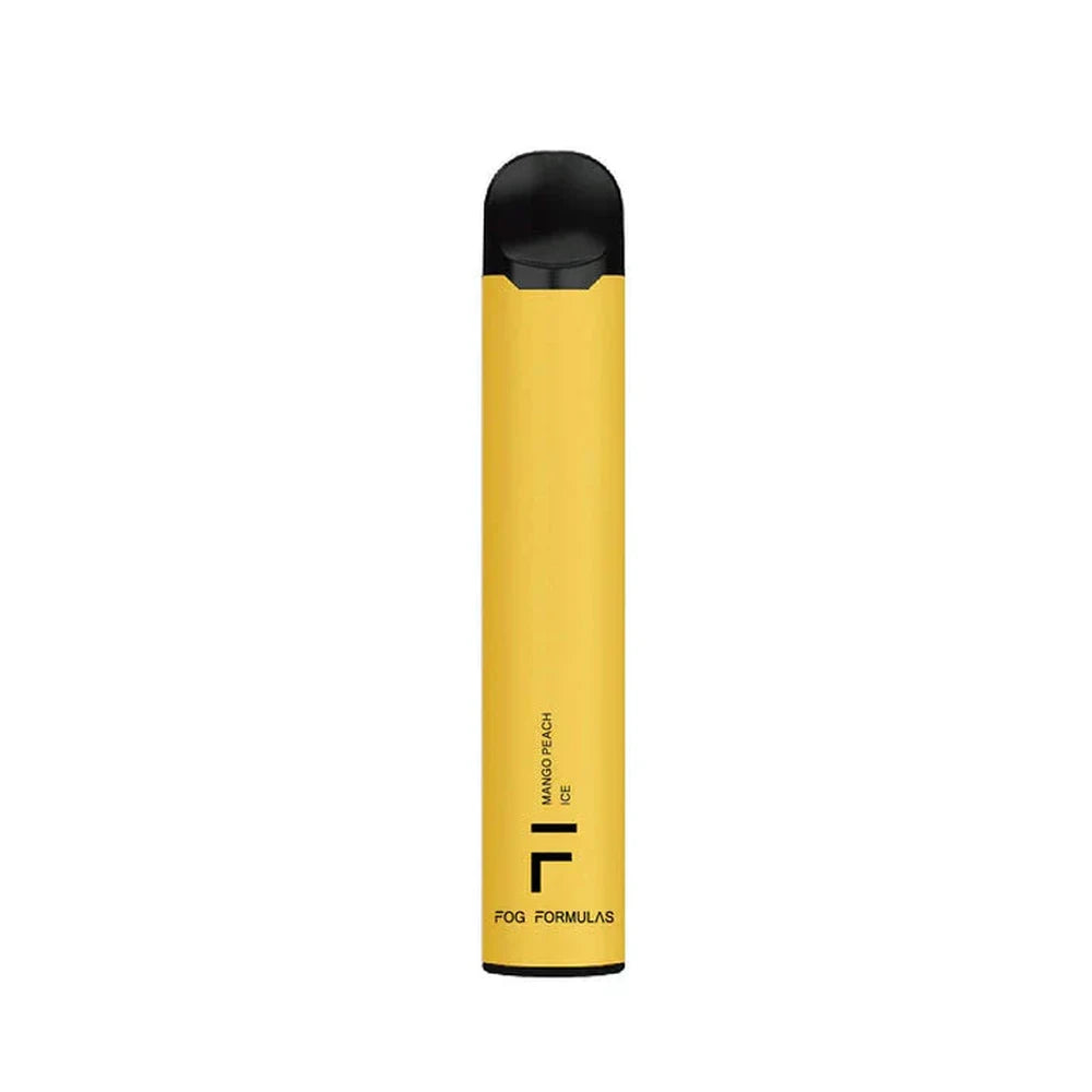 A yellow Fog Formulas 1600 Mango Peach Ice disposable vape with a black mouthpiece and base, featuring the brand logo and flavor name printed on the side against a white background.