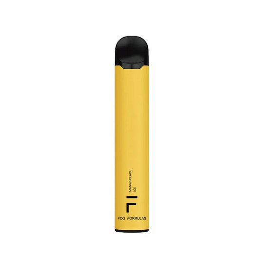A yellow Fog Formulas 1600 Mango Peach Ice disposable vape with a black mouthpiece and base, featuring the brand logo and flavor name printed on the side against a white background.