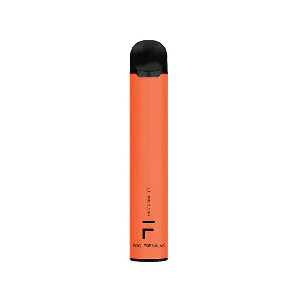 A Fog Formulas 1600 Nectarine Ice disposable vape featuring an orange cylindrical body with a black mouthpiece and base, labeled with Nectarine Ice and Fog Formulas text against a white background.