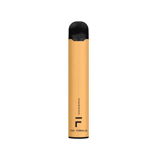A Fog Formulas 1600 Peaches & Cream disposable vape pen featuring a peach-colored cylindrical body with a black mouthpiece and base, labeled with Peaches & Cream and Fog Formulas text against a white background.