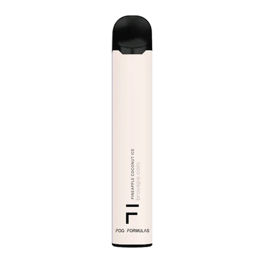 A white Fog Formulas 1600 Pineapple Coconut Ice disposable vape pen with a black mouthpiece and base, featuring vertical text that reads Pineapple Coconut Ice and Fog Formulas.