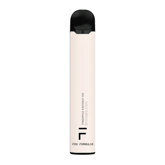 A white Fog Formulas 1600 Pineapple Coconut Ice disposable vape pen with a black mouthpiece and base, featuring vertical text that reads Pineapple Coconut Ice and Fog Formulas.