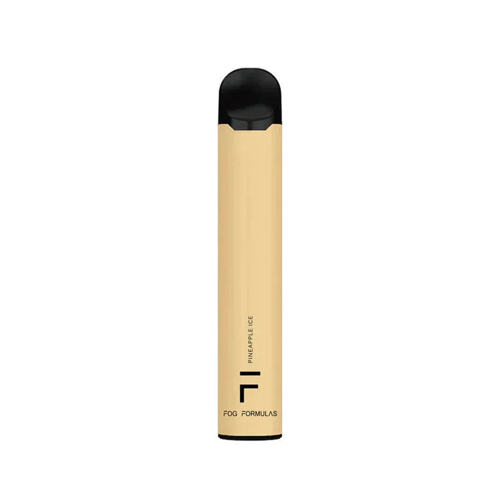 A slim, cylindrical Fog Formulas 1600 Pineapple Ice disposable vape featuring a pale yellow body with a black mouthpiece and base, labeled with the Fog Formulas logo and Pineapple Ice text against a white background.