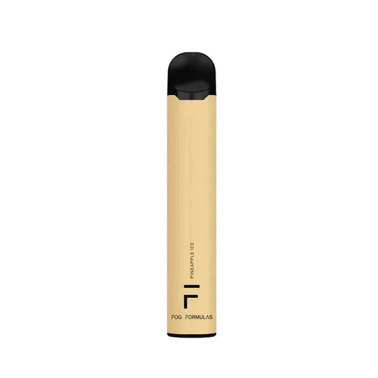 A slim, cylindrical Fog Formulas 1600 Pineapple Ice disposable vape featuring a pale yellow body with a black mouthpiece and base, labeled with the Fog Formulas logo and Pineapple Ice text against a white background.