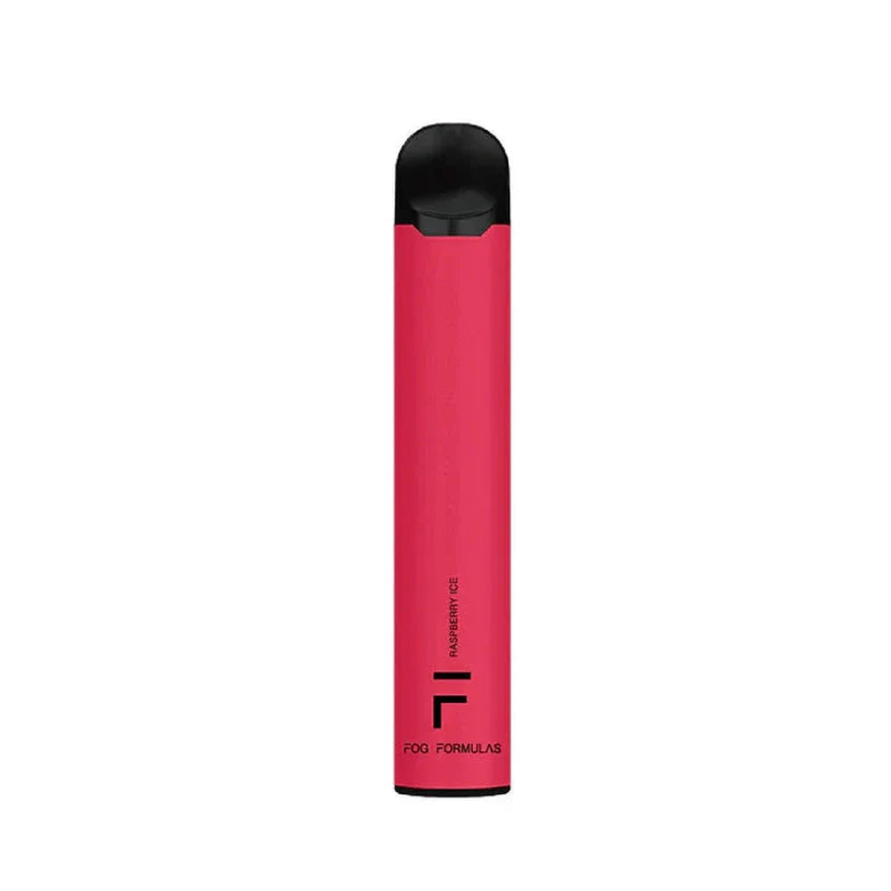 A pink Fog Formulas 1600 Raspberry Ice disposable vape pen with a black mouthpiece and base, featuring the Fog Formulas logo and Raspberry Ice text on the side.
