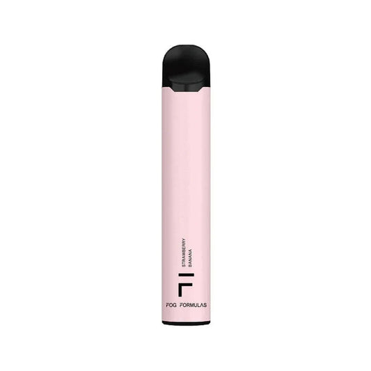 A light pink Fog Formulas Strawberry Banana disposable vape pen with a black mouthpiece and base, featuring the Fog Formulas logo and flavor name printed on the side against a white background.