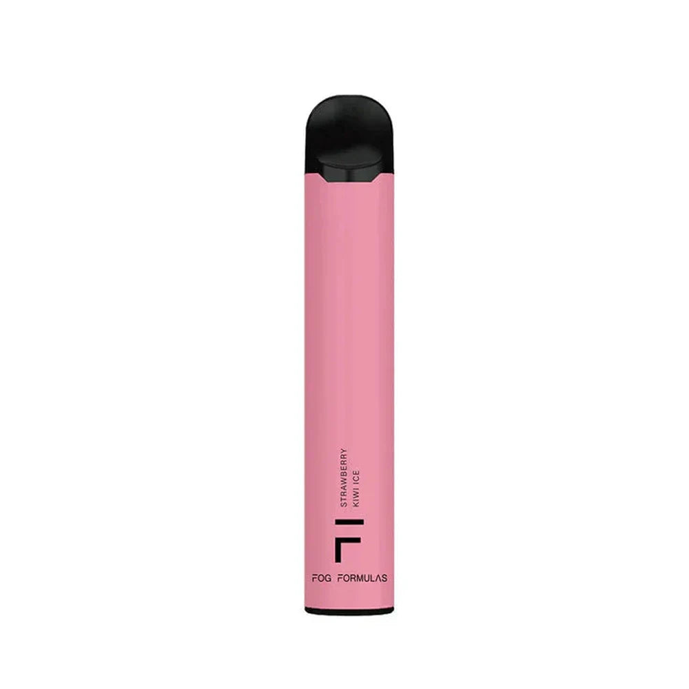 A pink Fog Formulas 1600 Strawberry Kiwi Ice disposable vape pen with a black mouthpiece and base, featuring vertical text that reads Strawberry Kiwi Ice and Fog Formulas.