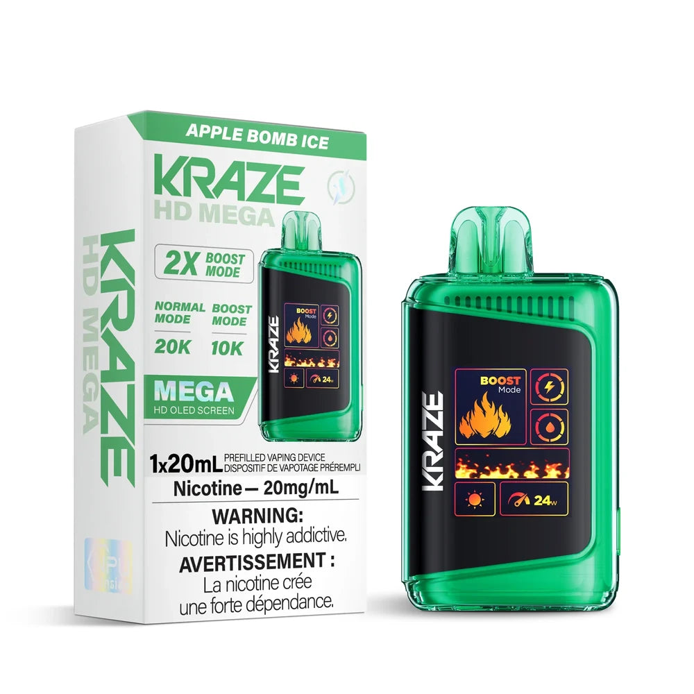 Kraze HD Mega 20k Apple Bomb Ice disposable vape featuring a translucent green shell and a large digital screen displaying boost mode and battery levels, shown next to its white and green retail packaging.