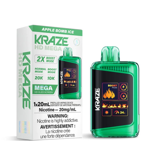 Kraze HD Mega 20k Apple Bomb Ice disposable vape featuring a translucent green shell and a large digital screen displaying boost mode and battery levels, shown next to its white and green retail packaging.