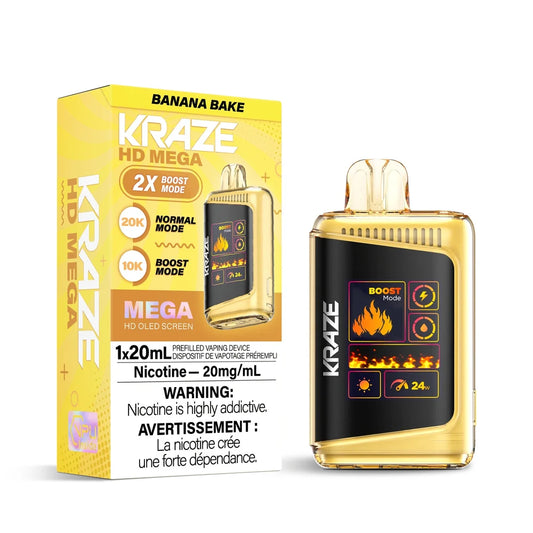 The Kraze HD Mega 20k Banana Bake disposable vape device and its yellow packaging, featuring a gold-colored metallic finish and a large digital screen displaying boost mode and battery levels.