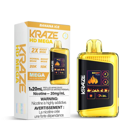 Kraze HD Mega 20k Banana Ice disposable vape featuring a yellow translucent body with a large OLED screen displaying boost mode and fire graphics, positioned next to its white and yellow retail packaging.