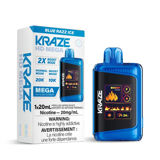 Kraze HD Mega 20k Blue Razz Ice disposable vape featuring a translucent blue shell and a large OLED screen displaying fire graphics and 24W boost mode, positioned next to its white and blue retail packaging.