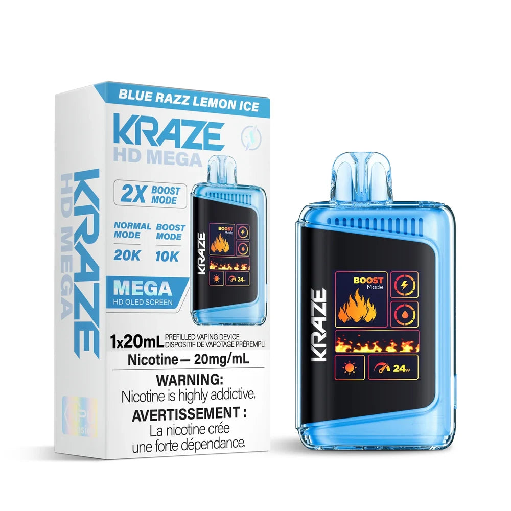Kraze HD Mega 20k Blue Razz Lemon Ice disposable vape featuring a blue translucent body and a large OLED screen displaying fire graphics, positioned next to its white and blue retail packaging.