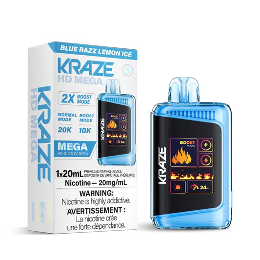 Kraze HD Mega 20k Blue Razz Lemon Ice disposable vape featuring a blue translucent body and a large OLED screen displaying fire graphics, positioned next to its white and blue retail packaging.