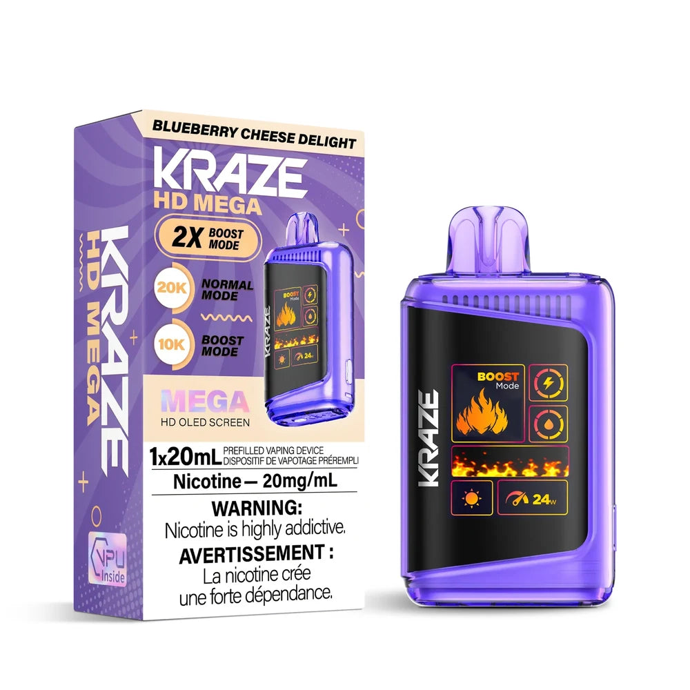 Kraze HD Mega 20k Blueberry Cheese Delight disposable vape featuring a purple translucent body with a large OLED screen next to its matching retail box.