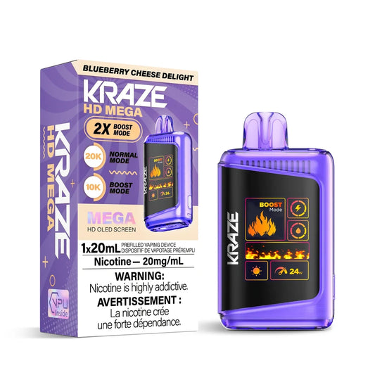 Kraze HD Mega 20k Blueberry Cheese Delight disposable vape featuring a purple translucent body with a large OLED screen next to its matching retail box.