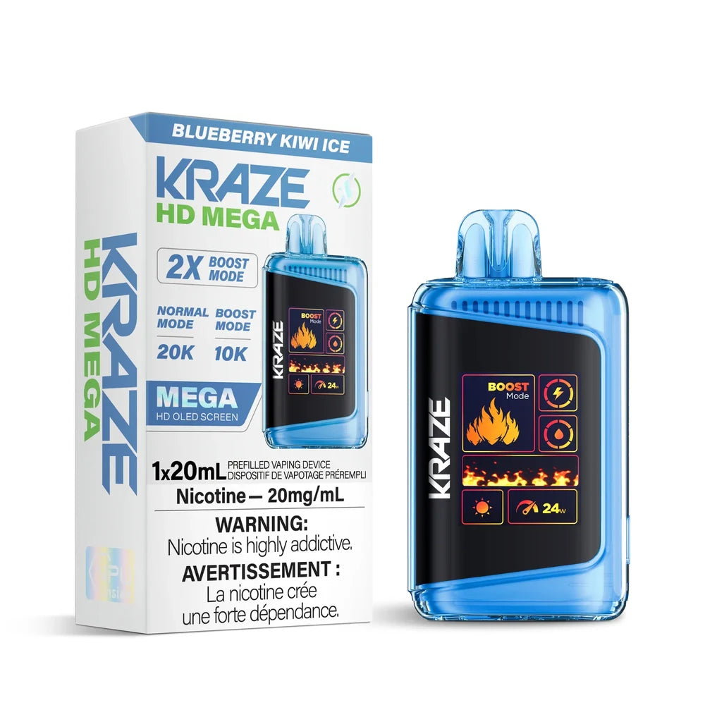 Kraze HD Mega 20k Blueberry Kiwi Ice disposable vape featuring a blue translucent shell and a large OLED screen next to its white and blue retail packaging.