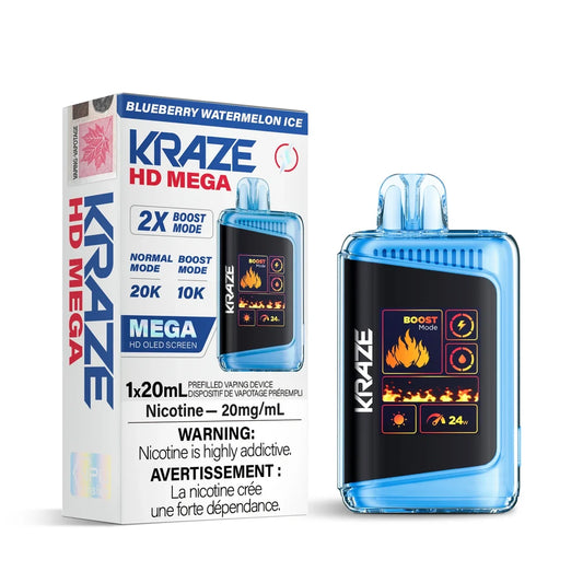 Kraze HD Mega 20k Blueberry Watermelon Ice disposable vape featuring a translucent blue shell and a large OLED screen displaying boost mode and battery levels next to its white and blue retail packaging.